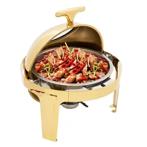 CNCEST 6L/6.34Qt Round Chafing Dish Buffet Set Roll Top Stainless Steel Buffet Warmer Gold Finish Hot Food Display for Buffets Hotel Breakfast Brunch Areas Weddings Parties Banquets