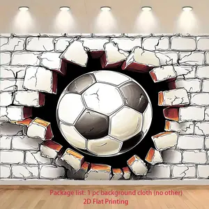 2D Flat Product, Soccer Ball Breaking Through Wall Themed Pattern, UV Printed - Banner Backdrop for Party Photos, Cake Table Decor, and Outdoor Celebrations, 2D Flat Plane, Event Decoration, Photography Background