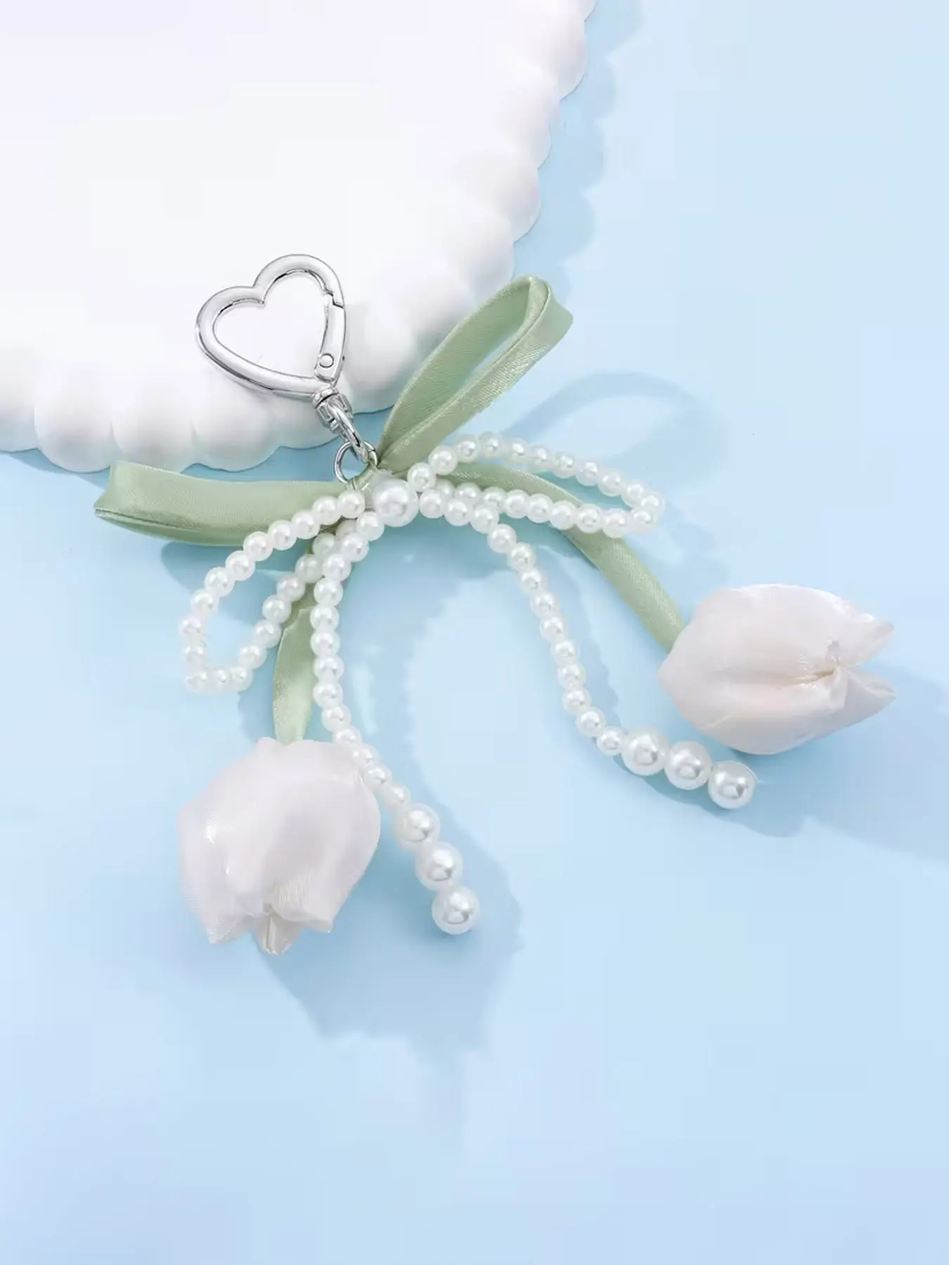 Exquisite Bow Pearl Imitation Tulip Fabric Keychain, Flower Keychain, Sweet, Personalized Bag, Car Key Pendant, Commemorative Gift For Friends And Family, Imitation Pearl Bow Bead, Simple Style Accessory, Car Key Chains, Key Accessories