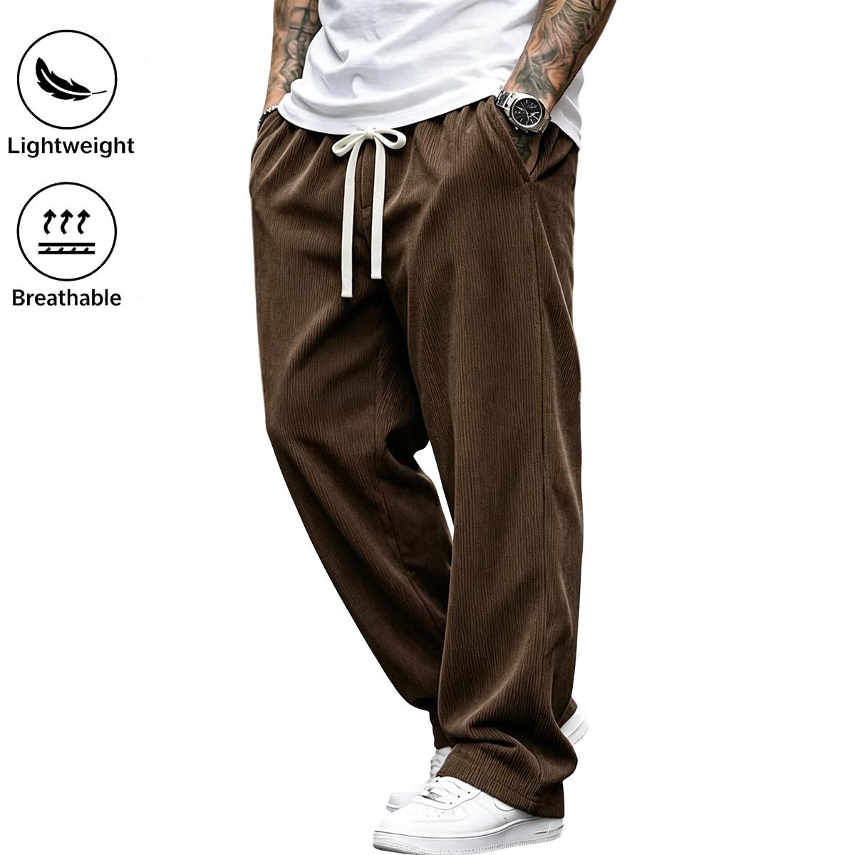 High-end corduroy long pants for men, new for autumn/winter; straight-leg sweatpants with a fluid drape and relaxed fit, wide-leg sports-casual trousers in solid colors with drawstring and pockets; breathable and comfortable, suitable for everyday activit
