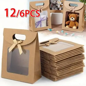 12/6-pack bow-tie windowed gift bags, portable paper tote bags, suitable for birthday, wedding, Mother's Day gifts, party favor wrapping