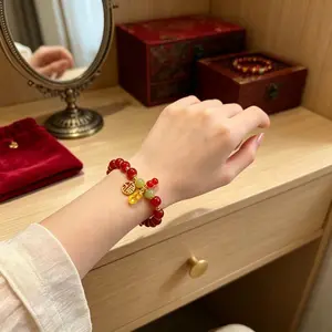 Vintage Beaded Charm Bracelet for Women, Gold Plated Fortune & Peanut Bangle, Good Luck Jewelry Gift