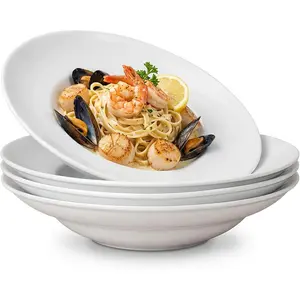Wide Rimmed Pasta Bowl, 50oz Large White Soup Bowl Set of 4, Wide and Shallow 10.75inch Salad Plates for Pasta, Italian, Spaghetti, Dipping Microwave & Dishwasher Safe