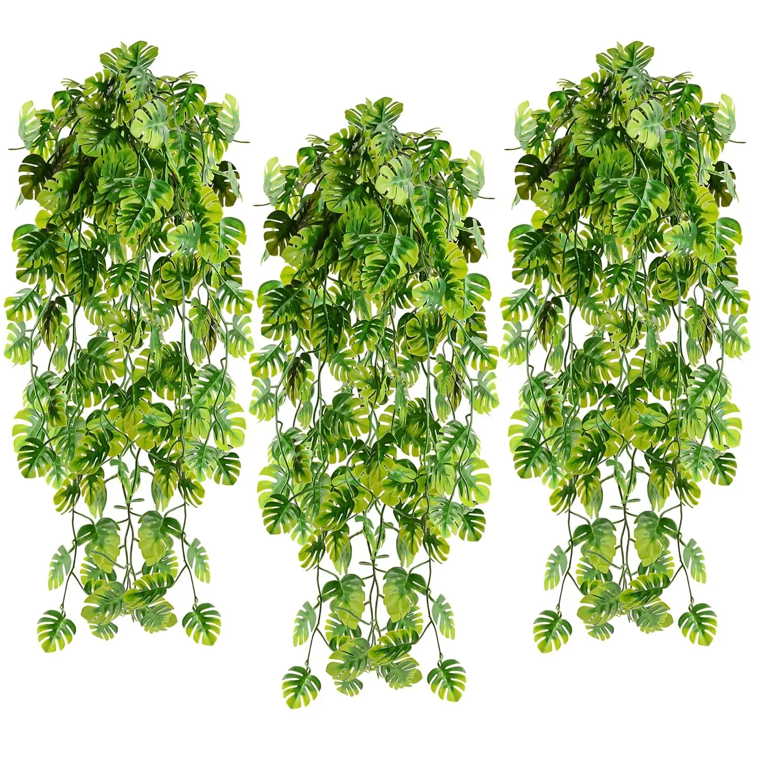 Artificial Hanging Plants Fake Monstera Stems, UV Resistant Plastic Plants for Outdoor Decoration,（6 Pieces, Green）