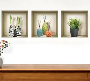 360 stand Vinyl Mya Faux Niche 3D Peel & Stick Square Decorative Wall Decals - Set of 3, Transitional Home Decor for Room Decoration, Plant-Themed Gift, Tree