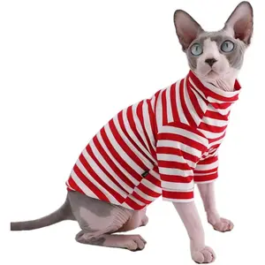 Sphynx Hairless Cat Red Stripe Breathable Summer Cotton T-Shirts Pet Clothes,Round Collar Vest Kitten Shirts Sleeveless, Cats & Small Dogs Apparel (XL (8.8-11 Lbs), Red Stripes)