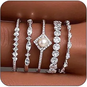*Stackable Silver Rings for Women Non Tarnish, Dainty Sterling Silver Diamond Pearl Rings Set Thumb Fashion Thin Cubic Zirconia Simple Unique Statement Ring Pack Women Jewlery 6/7/8/9/10  RSCC4