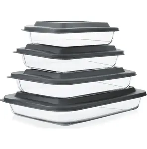 8-Piece Deep Glass Baking Dish Set with Plastic lids,Rectangular Glass Bakeware Set with Lids, Baking Pans for Lasagna, Leftovers, Cooking, Kitchen, Freezer-to-Oven and Dishwasher, Gray