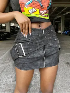 Women's Mini Skirt High Waist Faux Leather Black Skirt Irregular Belt Design Double Metal Buckle Eyelet Detail Front Zip Closure Slim Fit, Fitted Sexy Style Street Biker Look Stiff Texture Versatile Black Clubwear Punk Style