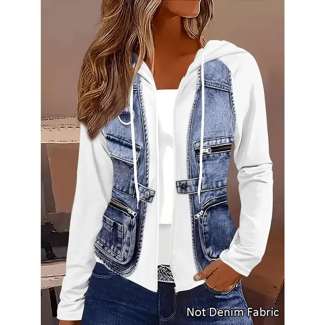 Plus size women's spring and autumn hooded faux denim patchwork jacket; chubby girl denim print fake pocket zipper style; casual versatile jacket