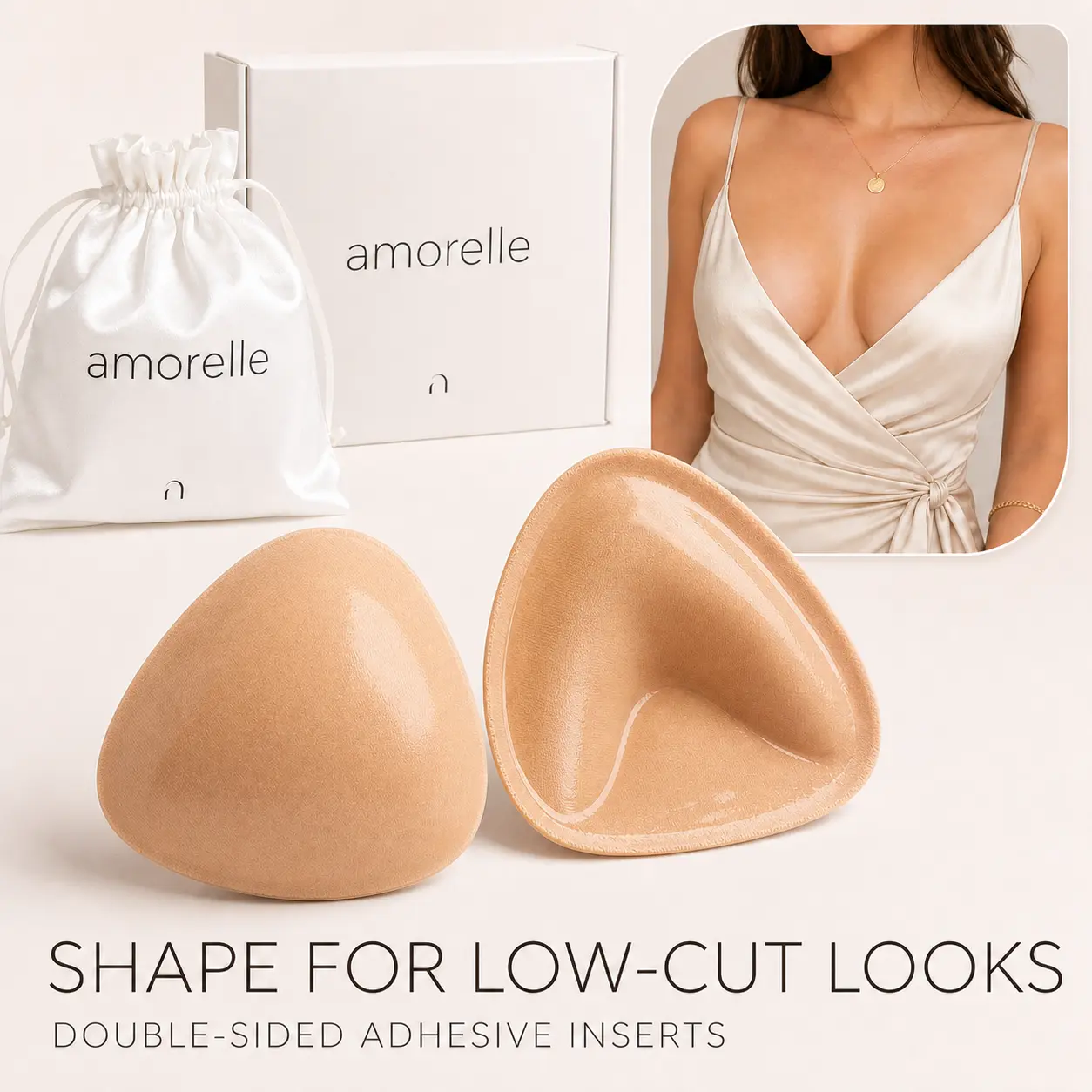 Amorelle Sticky Bra Inserts for Backless Dresses, Push-Up Silicone Adhesive Bra Pads, Washable & Reusable, A–F Cup Options, 4 Shades