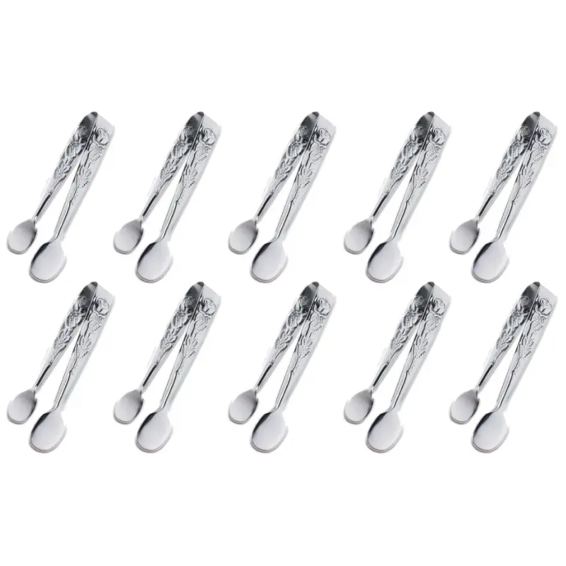  10 Pack Stainless Steel Mini Serving Tongs, 4.13 Inch Small Decorative Embossed Appetizer Tongs, Portable Metal Ice Sugar Candy Fruit Tongs for Coffee Bar, Dessert, Charcuterie, Wedding Party