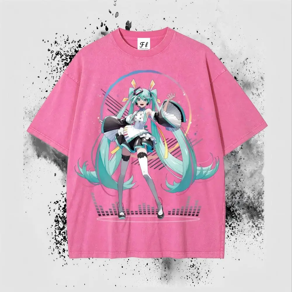 ST 100% cotton Virtual singer Hatsune Miku Washed Vintage Cotton Unisex Washed T-Shirt  double sided note unisex couple t-shirt,heavyweight washed casual tee