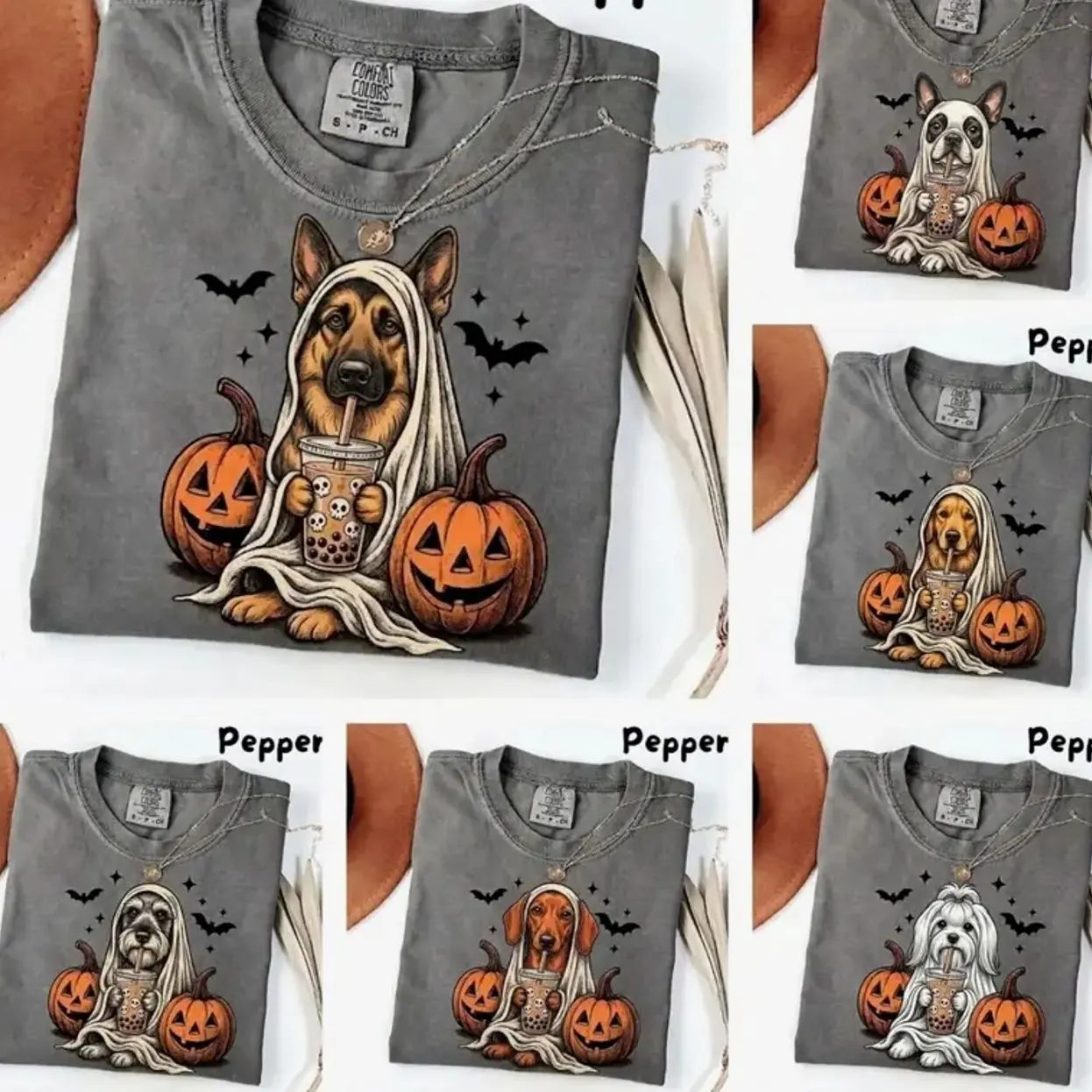Comfort Colors Custom Dog Halloween Shirt, 50+ Breeds Available Ghost Boba Tea Funny Dog Gift Tee, Andrew Clothings