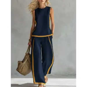2026 Women's Linen Blend Two Piece Set Sleeveless Color Block Top Wide Leg Pants Set Casual Summer Outfit Womenswear # LinenSet # WideLegPants # ColorBlock # SummerOutfit # BohoFashion # CasualWear # Outfit of the Day # WomensFashion