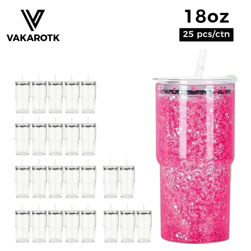 VAKAROTK 25 Pack 18oz BPA-Free Acrylic Snow Globe Tumblers, Double-Wall DIY Glitter Tumbler with Pre-Drilled Hole, Plug, Straws, Lids, Portable Washable Reusable Drinkware