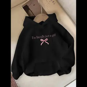 [Playful Statement Hoodie] Playful Statement Hoodie - Women's Casual Black Pullover with I'm Literally Just a  Print & Pink Bow Detail, Cozy Soft Texture, Pockets, Perfect for Fall & Winter, Everyday Comfort ApparelGift