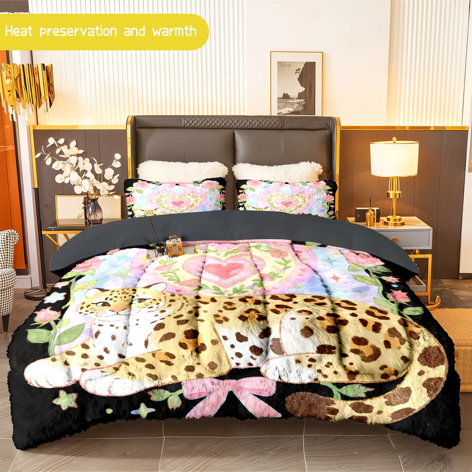 3pcs (1 comforter + 2 pillowcases) Leopard Print Flannel & Milk Velvet Comforter Set, Soft Cozy Warm Bedding Set for Adults, Trendy Plush Bedding Essentials