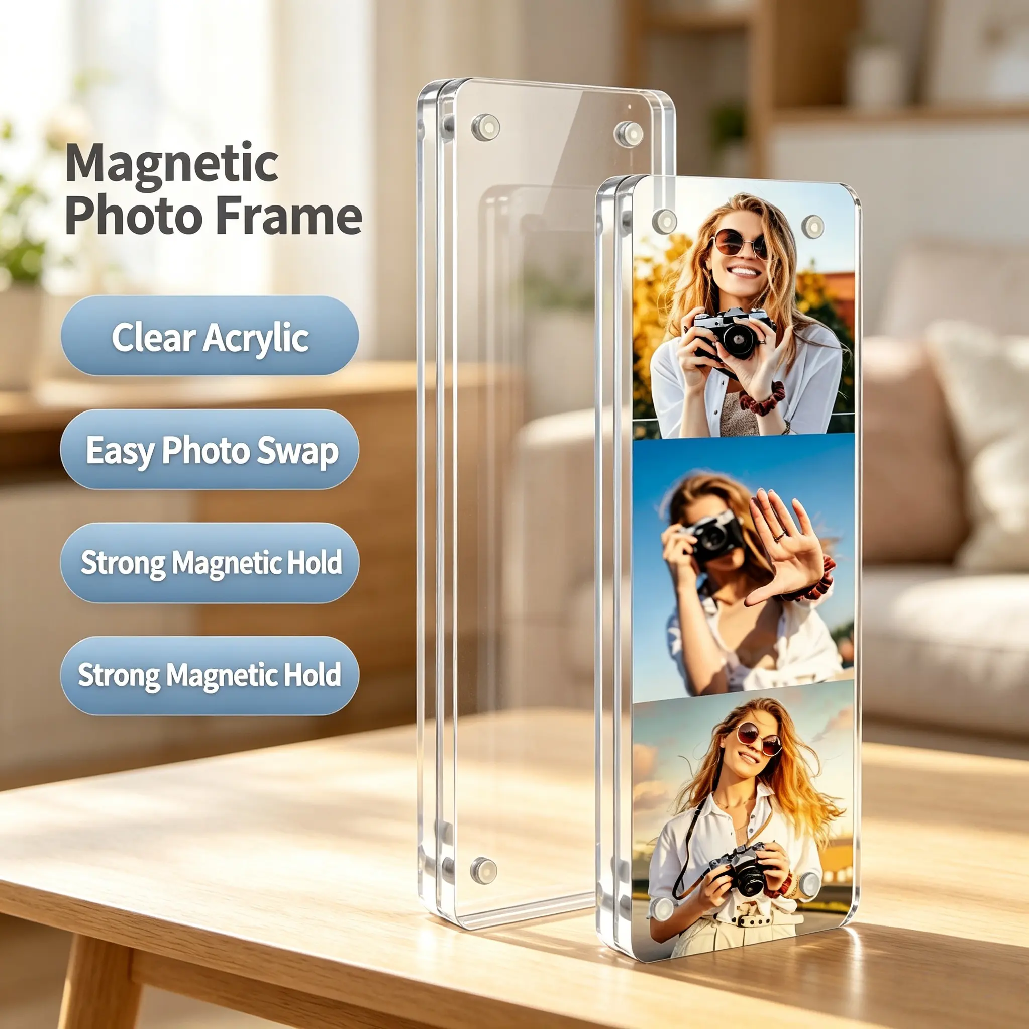 2×6×0.7 Inches Frameless Acrylic Photo Booth Frame, Clear Double Sided Magnetic Picture Strip Holder, Thick Free Standing Acrylic Fridge Magnet Frame, Refrigerator Photo Display Stand, Transparent Acrylic Picture Holder