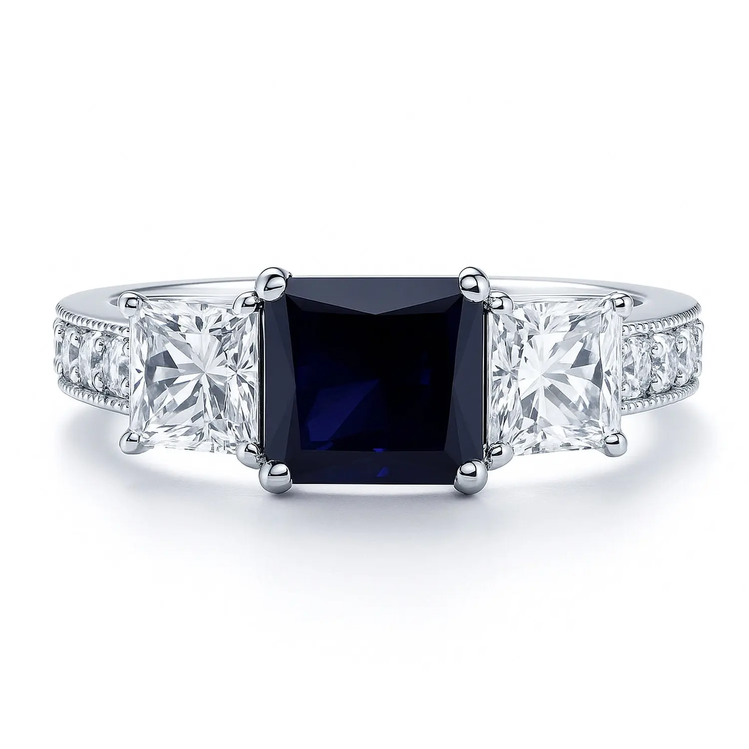 BERRICLE Sterling Silver 3-Stone Engagement Promise Rings for Her, 1.6 Carat Sapphire-Blue Princess Cut Cubic Zirconia CZ Ring