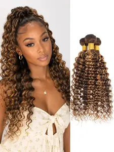 ALHER Honey Blonde Highlight Deep Wave 3 Bundles Human Hair, 12A 100% Virgin Brazilian Ombre Brown Curly Bundles Thick Track P4/27 Balayage Colored Human Hair Bundles Extensions Sew In 12 14 16 Inch