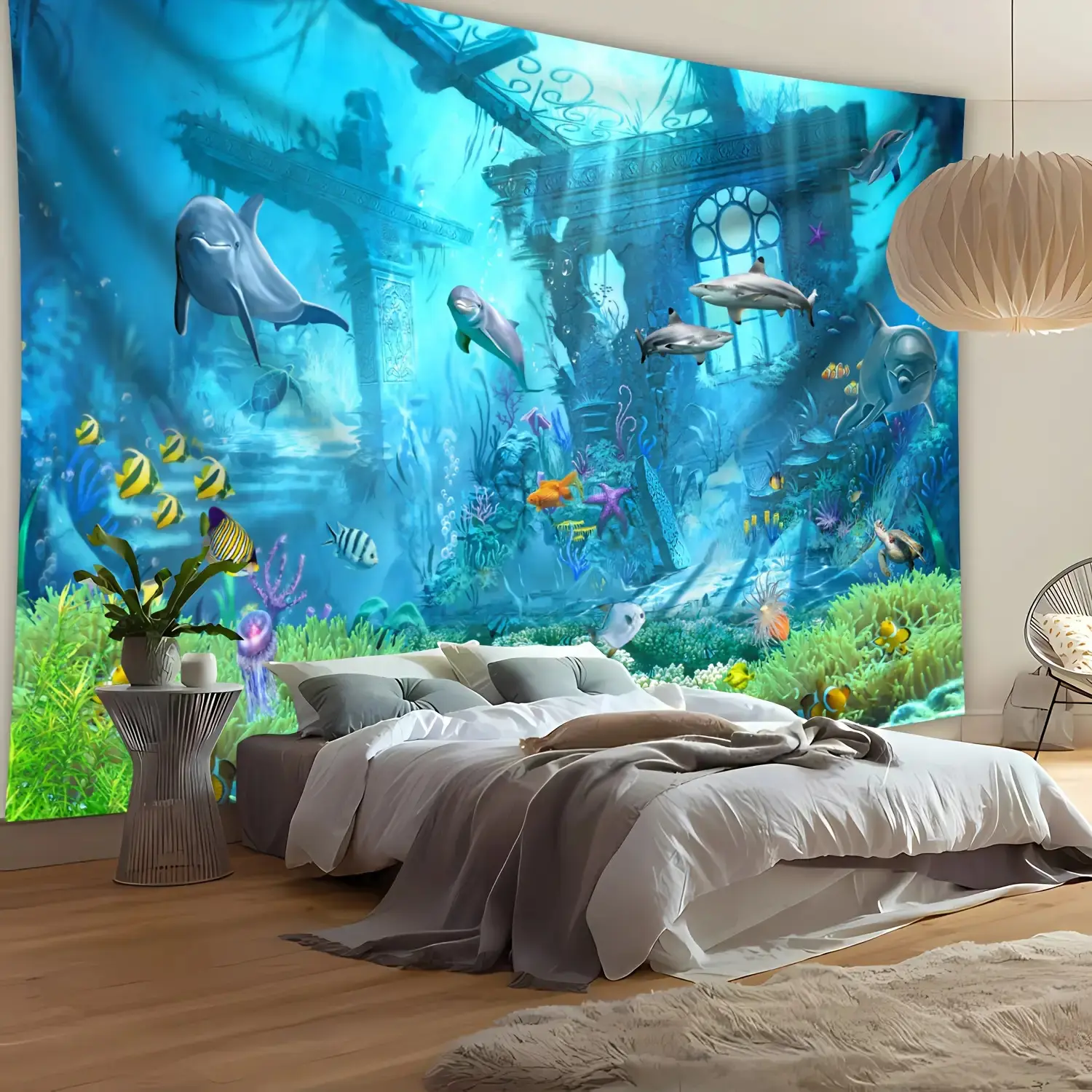 1pc Large Polyester Ocean Wall Tapestry - Realistic Coral Reef & Marine Life Wall Hanging with Turtles, Dolphins - Vibrant Blue, Green, Golden, Turquoise Mural for Bedroom, Living Room Decor - Easy Hang with Clips