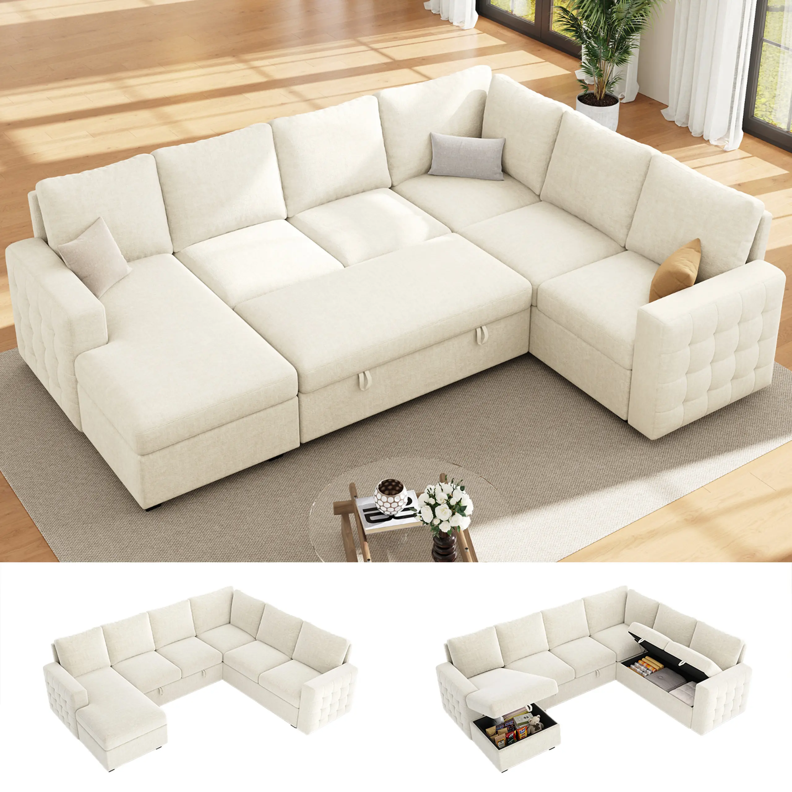 【3-4 Packages】86 Inch Sectional Sleeper Sofa, 5 Seat L Shaped Sleeper Sectional Couch with Pull Out Bed, Convertible Sofa Bed with Storage for Living Room, Apartment, Modular Cloud Couches