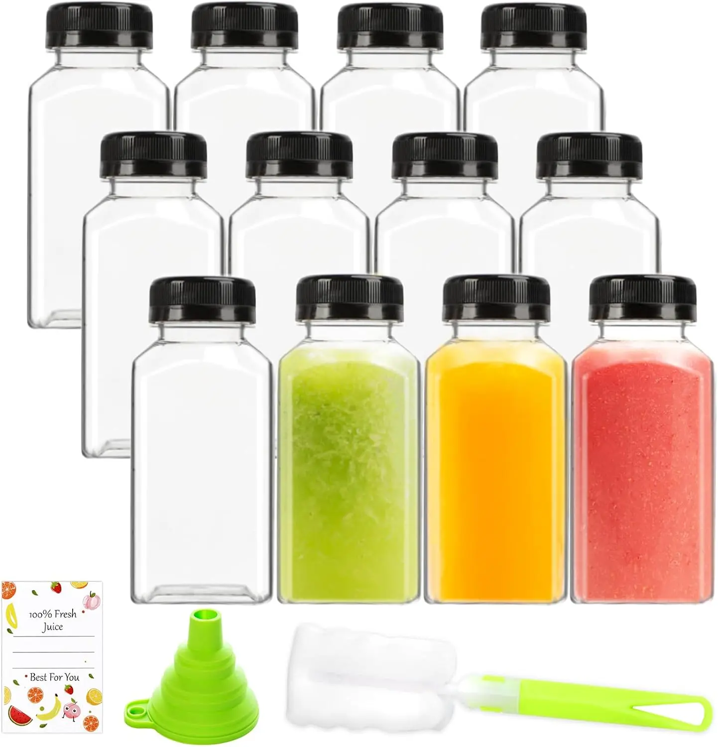 12pcs 8oz Plastic Juice Bottles, Reusable Juice Containers with Black Tamper Proof Lids