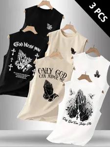 Men's 3-Pack Christian Faith Graphic Sleeveless Tank Tops, Fitness Tank Top, Workout Tanks, Praying Hands & Cross Print Casual Workout Vests, Streetwear Daily Tops, Menswear #ChristianApparel #FaithWear #MensGymWear #Streetwear #TikTokMadeMeBuyIt