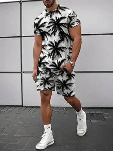 Men's Summer Black and White Palm Tree Print Casual Set