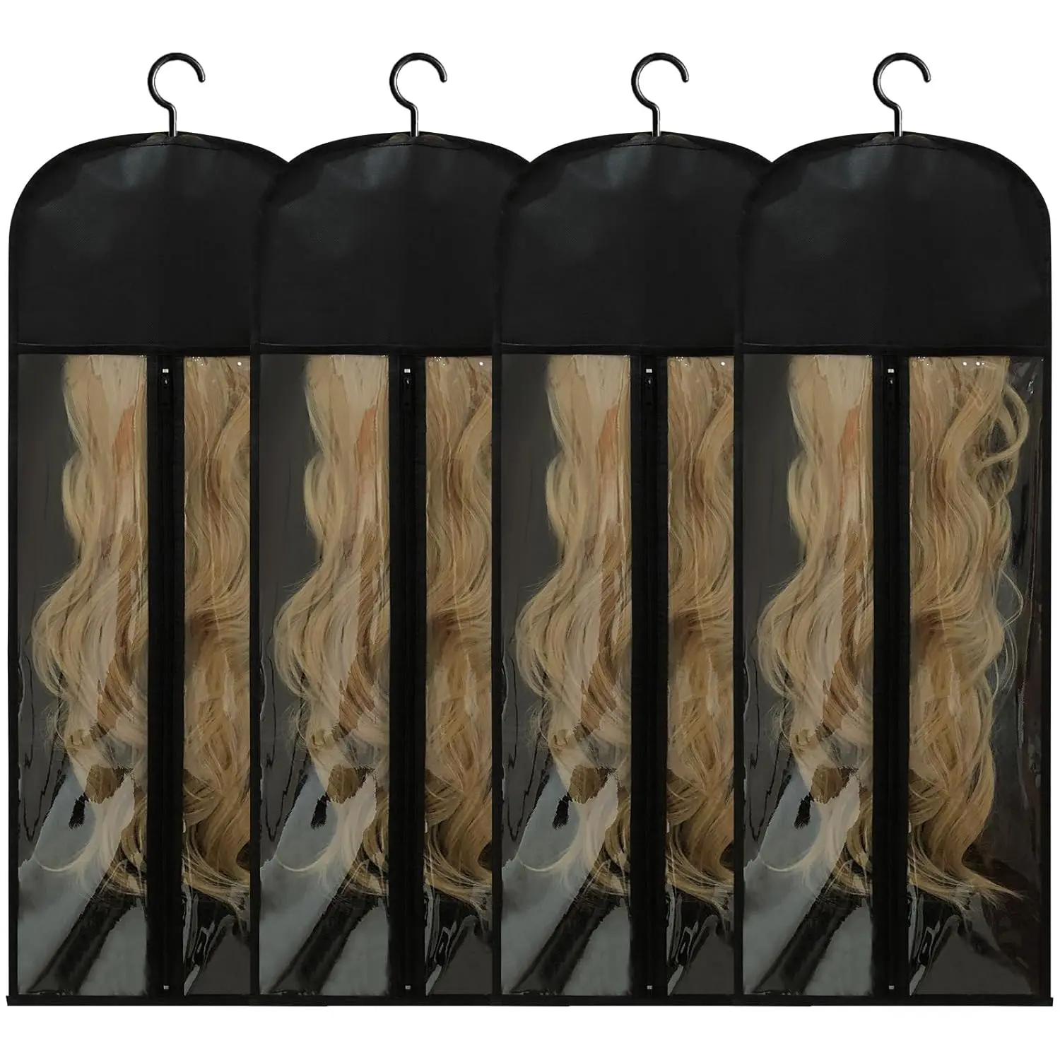 4Pcs Extra Long Wig Storage Bags with Hanger, Wig Storage for Multiple Wigs, Wig Bag with Hook Storage, Breathable and Easy Carry Home Hair Salon Travel Use (Black 31.5in)