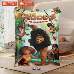 Soft Flannel Throw Blanket, DreamWorks The Croods Movie Poster Art Blanket, Cozy Grug & Eep Cartoon Blanket for Couch Bed, Aesthetic The Croods Movie Decorative Blanket Gift for Kids & Fans