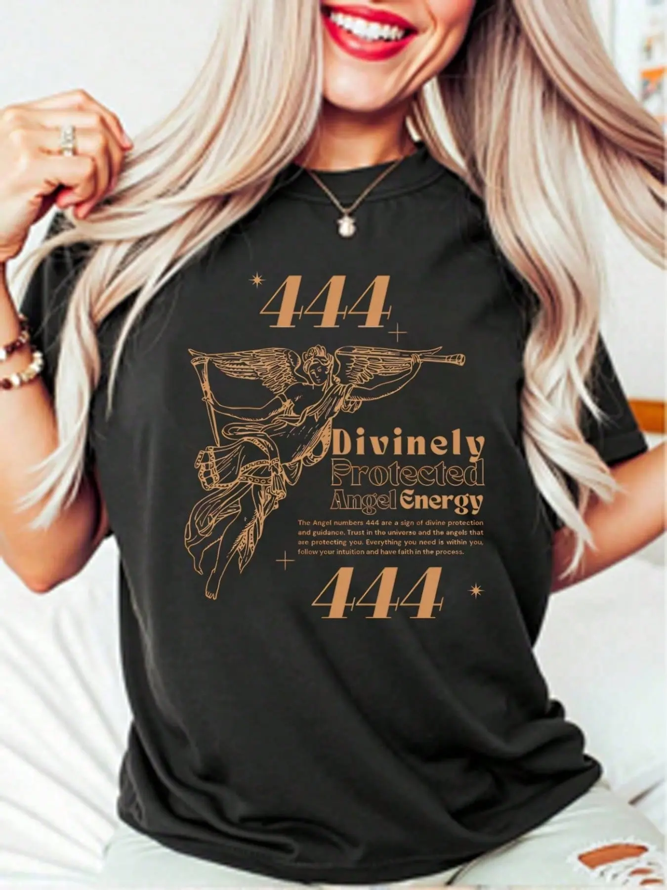 Unisex Angel Number 444 Graphic T-Shirt, 100% Cotton Basic Crewneck Short Sleeve Casual Spiritual Top For Men Women