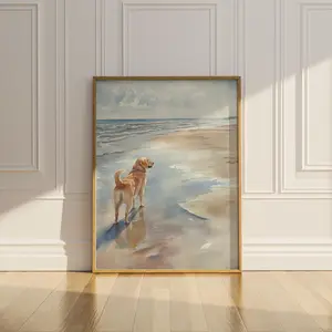 Dog Beach Printable Wall Art Coastal Watercolor Painting Beach House Home Decor Golden Retriever Gift Idea Poster Unframed