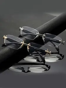 2 Pairs High-End Frameless Men's Glasses, Square Eyeglasses, Metal & Transparent Material, Flat Lens, Ideal for Casual Wear, Elegant Daily Use, Luxurious Social Events