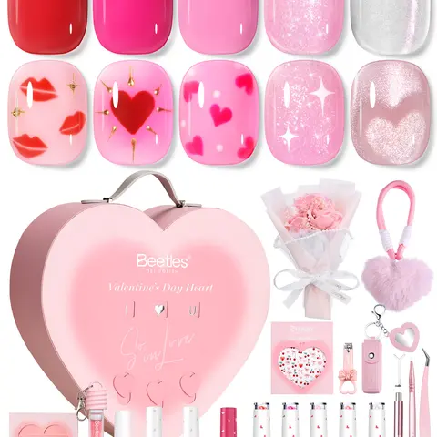 Beetles Gel Polish So In Love Collection - Glow In Love Valentine Gel Nail Polish Set, Pink Gel Nail Art Set with Base Top Coat Mini Rose Bouquet, Salon DIY at Home Valentine's Day Gift for Women Wife Girlfriend