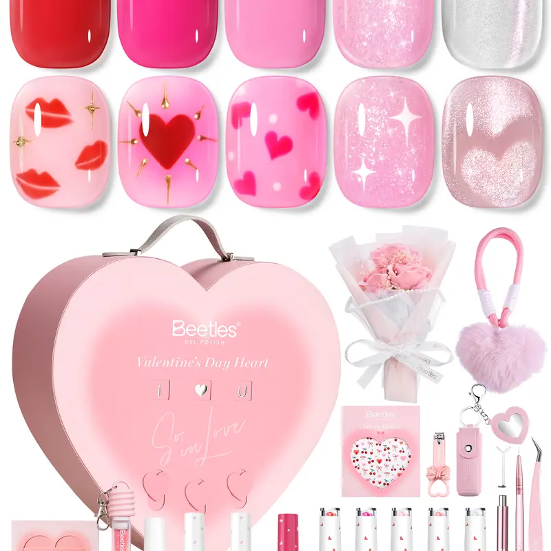 Beetles Gel Polish So In Love Collection - Glow In Love Valentine Gel Nail Polish Set, Pink Gel Nail Art Set with Base Top Coat Mini Rose Bouquet, Salon DIY at Home Valentine's Day Gift for Women Wife Girlfriend