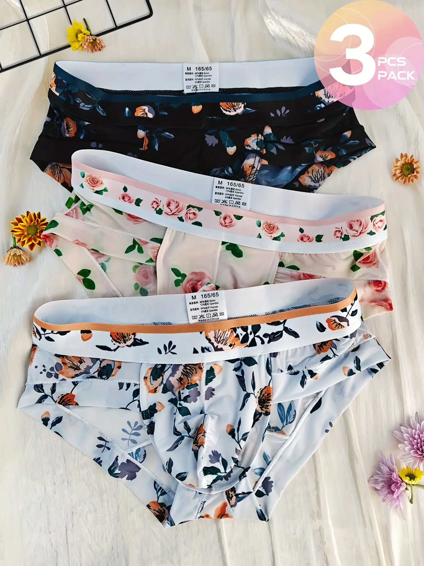 3-piece men's triangle underwear, All Season Underwear, Fitted, breathable fabric, fashionable semi-transparent Floral print design, suitable for daily wear and fitness activities, men's triangle underwear.