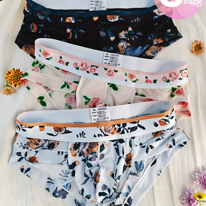 3-piece men's triangle underwear, All Season Underwear, Fitted, breathable fabric, fashionable semi-transparent Floral print design, suitable for daily wear and fitness activities, men's triangle underwear, Underwear All Seasons