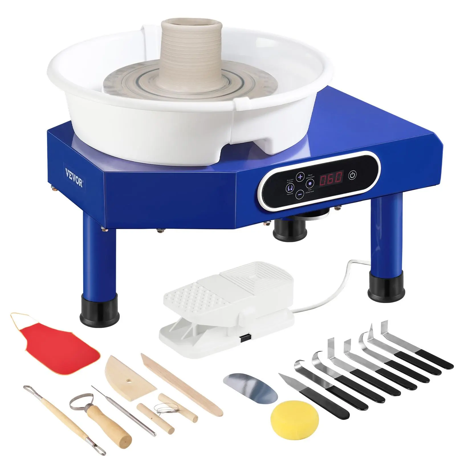 【Summerfinds】VEVOR Pottery Wheel, 10 in Ceramic Wheel Forming Machine, 60-300 RPM Adjustable Speed with Foot Pedal, ABS Detachable Basin, Manual LCD Panel, Sculpting Tool and Apron, for Home Pottery Craft DIY