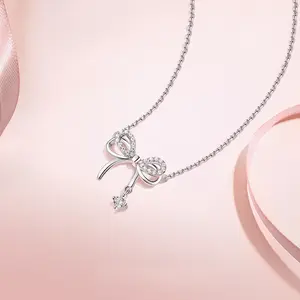 New Zircon Bowknot Necklace Gentle Sweet Girl Light Luxury Clavicle Chain Daily Commuter Dating Exquisite Collarbone Accessory Birthday Gift with Girlish Charm for Girlfriend and Best Friend V34
