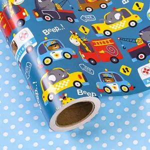 Reversible Blue Cartoon Animal Vehicle Gift Wrap Paper, Cute Car Polka Dot Theme, DIY Craft Decor, 43.2cm X 1000cm, Kids Birthday Party Supplies