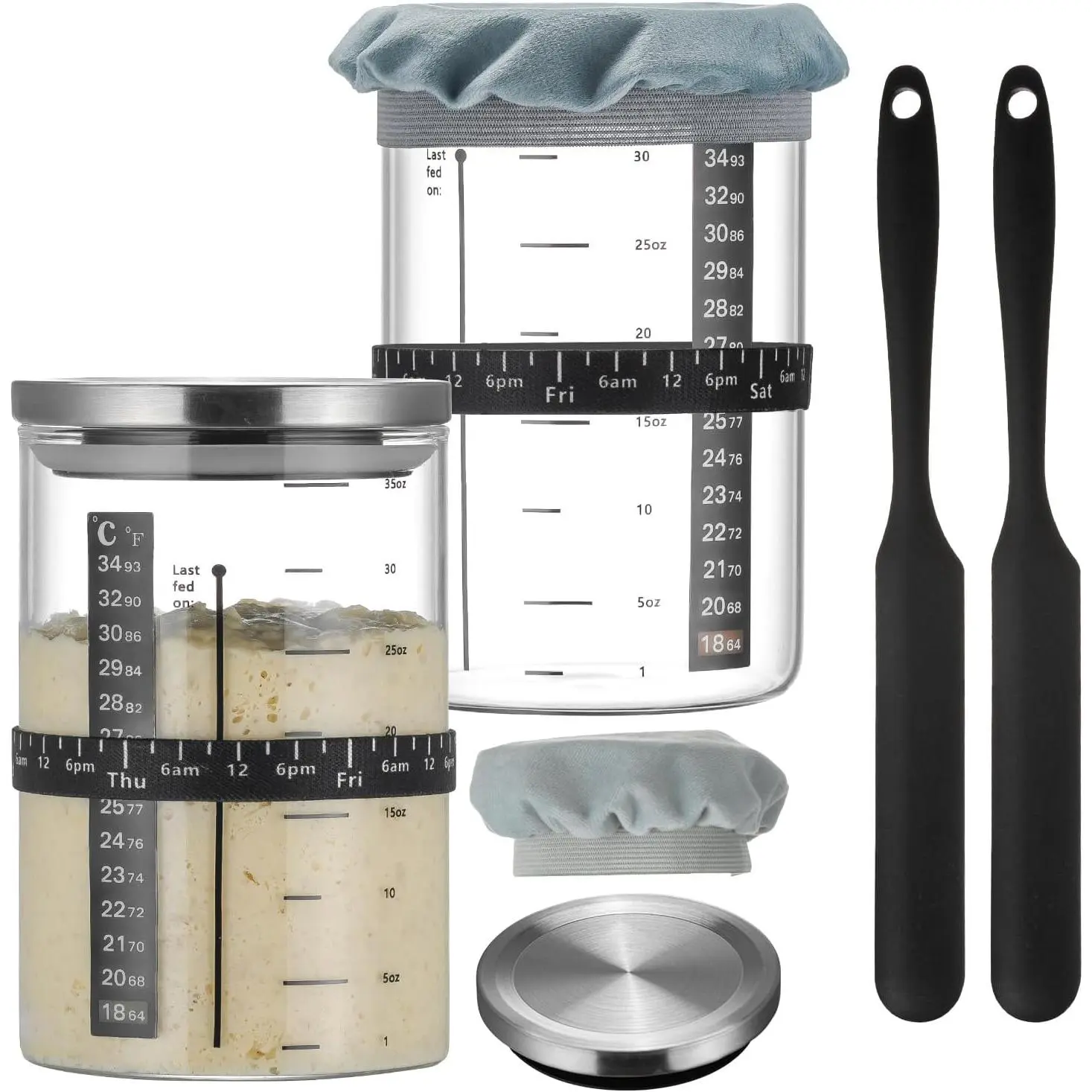 Sourdough Starter Jar,2PACK 35OZ Wide Mouth with Ounce Scale line,Date Marked Feeding Band, , Sourdough Jar Scraper, Cloth Cover & Stainless Steel Lid Sourdough Starter Kit