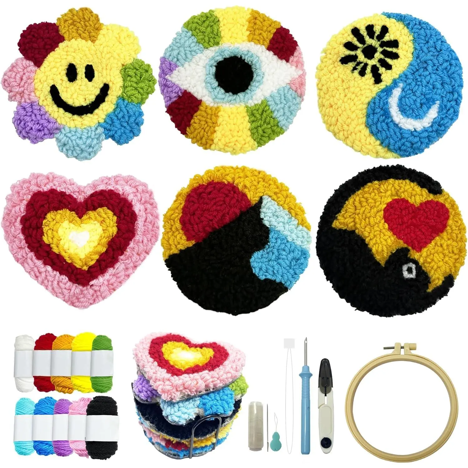 Punch  Coasters Kit for Beginners Adults Easy  Punch Embroidery Kit Set Threader Instruction Fabric Hoop Yarn Tufting Coaster DIY Making,Coaster Holder Coaster Art Craft Supplies