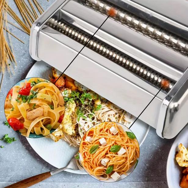 Mini Manual Pasta Maker Machine, Stainless Steel Pasta Roller and Cutter Adjustable Thickness Settings, Dual Width Noodle Maker for Pasta, Spaghetti, Fettuccine, Lasagna Kitchen Tool, Perfect For Pasta Lovers