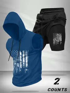 Men's Fashion Flag Print Sleeveless Top and Drawstring Shorts Set, Comfortable Fit, Stylish Design, Sportswear Daily Wear