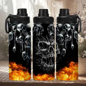 1pc skull flame-themed sports water bottle, 20oz stainless steel insulated cup, keeps drinks hot or cold, double-layer insulated leak-proof travel cup, perfect for gothic enthusiasts, ideal gift for Christmas, Halloween, Valentine's Day, Father's Day