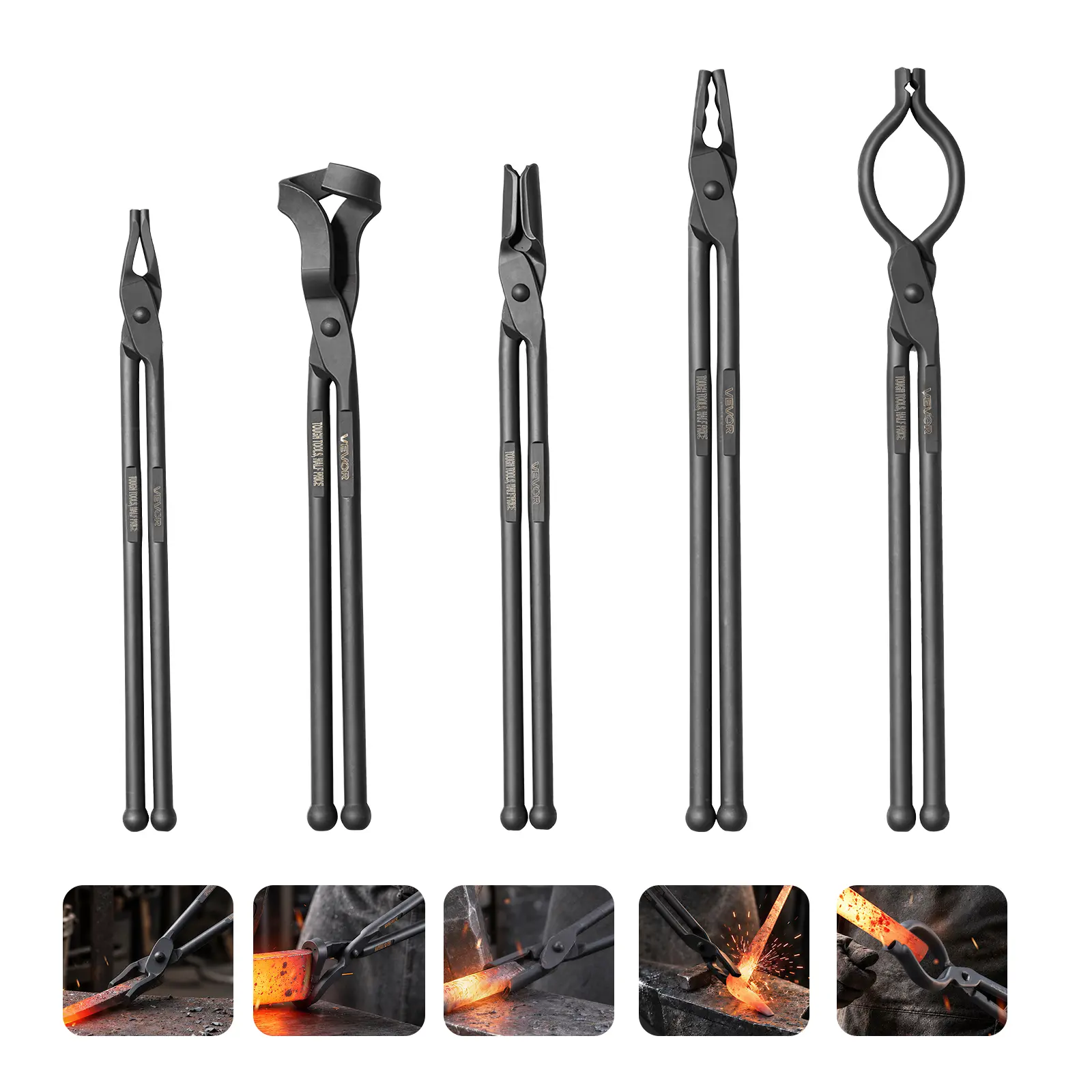 VEVOR Blacksmith Tongs 5-Piece V-Bit/Flat/Blade/Square/Wolf Jaw Tongs Set, for Bladesmithing & Blacksmithing, Firm Grip, Extended Handles, Premium Carbon Steel, Forge Tongs Bundle Set with Rivets