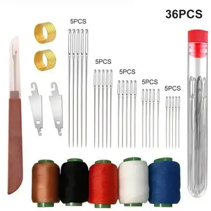 36 PCS Big Eye Steel Needles Set - Long & Thin Handmade Quilting & Sewing Needles Kit with Seam Sewing Thread Ripper, Needles Threaders,Thimbles for DIY Embroidery Mending Sewing Projects Multifunctional Sewing Thread Set Gift