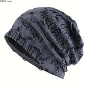 Distressed Graffiti Print Slouchy Beanie, Frayed Edges & Oversized Fit, Y2K Grunge Aesthetic, Perfect for Streetwear Outfits & Edgy Casual Looks